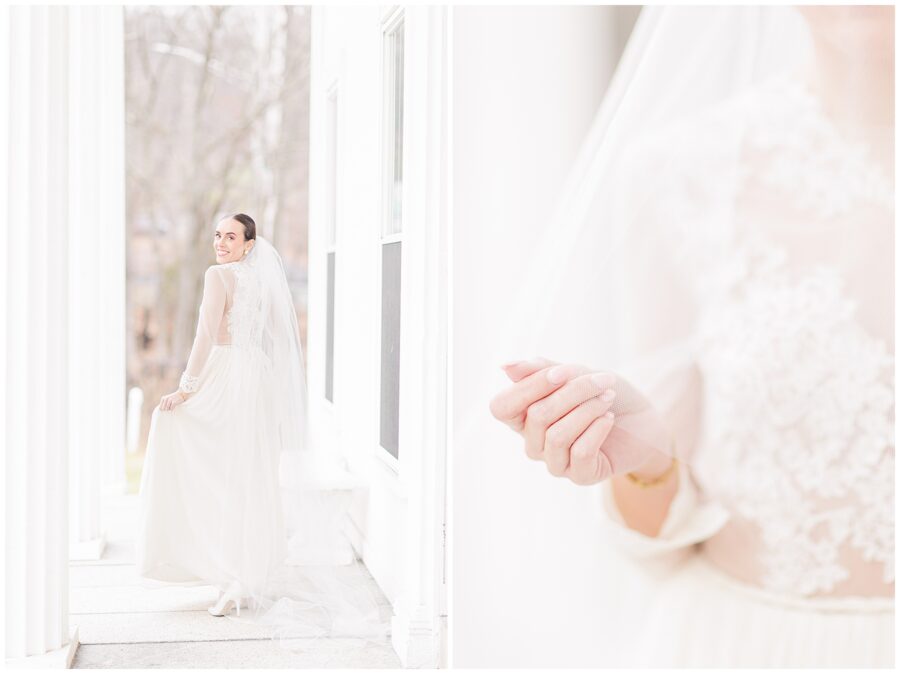 Bride holding her dress and walking away from the camera