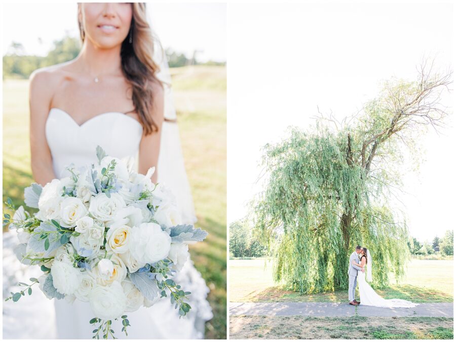 Bride holding bouquet and bride and groom kissing in front of weeping willow tree