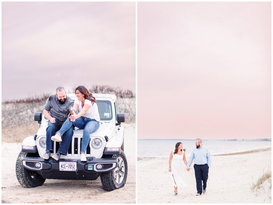 Couple popping champagne at the beach while sitting on a Jeep
