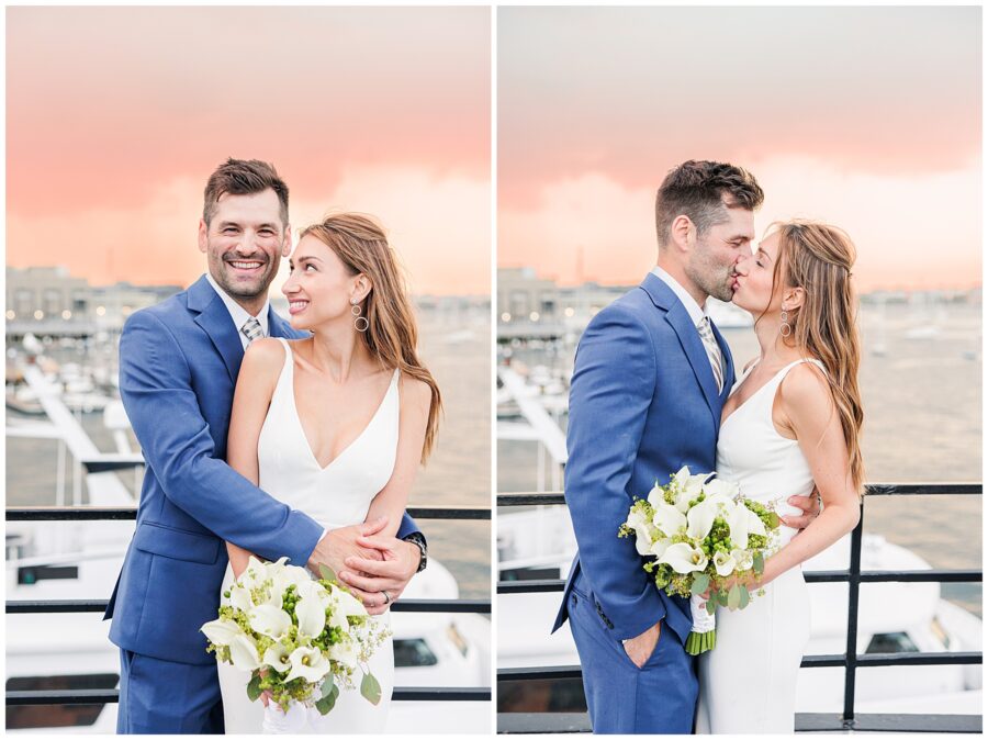 Bride and groom hugging and kissing in front of the sunset