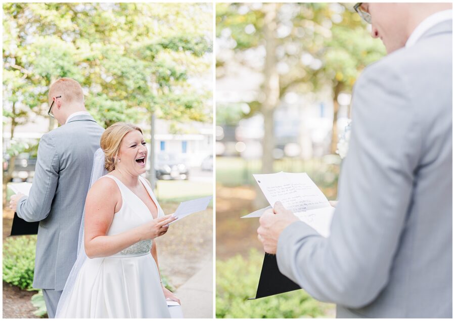 Bride laughing while reading letters with groom