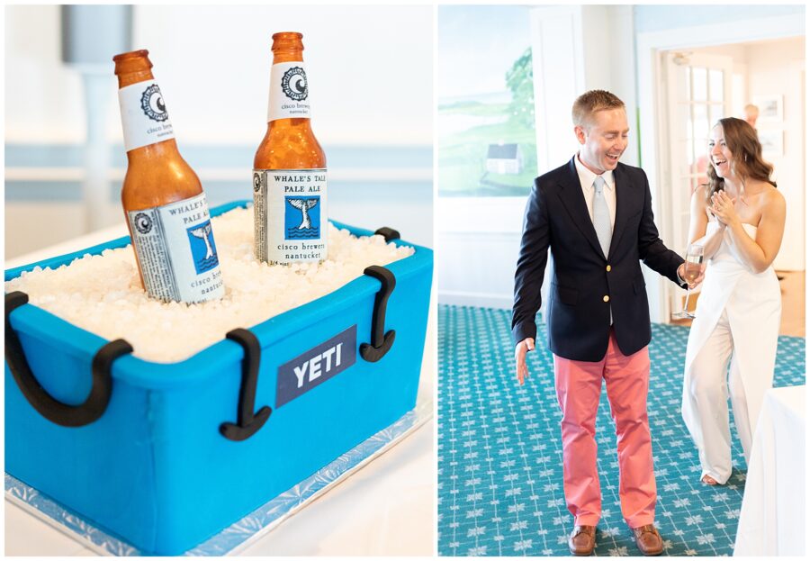 Groom laughing as he sees his Yeti groom cake at his Cape Cod rehearsal dinner