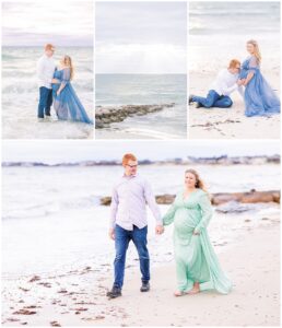 Married couple celebrating their pregnancy at Old Silver Beach in Falmouth, MA Cape Cod