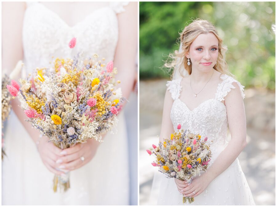 Portrait of the bride holding her bouquet and smiling at the camera during her New Hampshire wedding