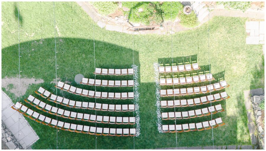 Drone shot showing above the wedding ceremony set up at Bedford Village Inn