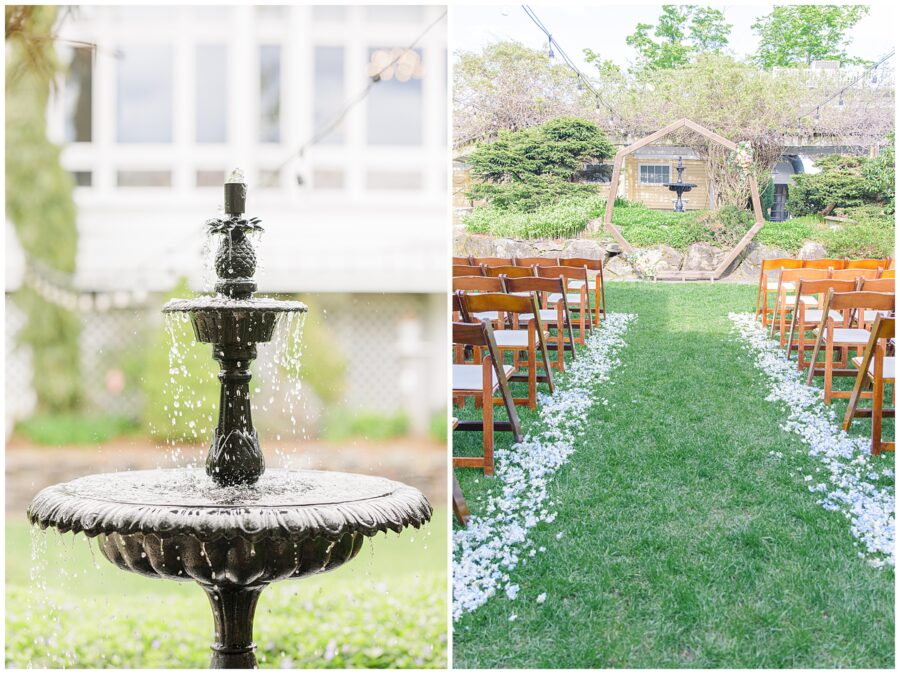 Fountain and wedding ceremony at the Bedford Village Inn