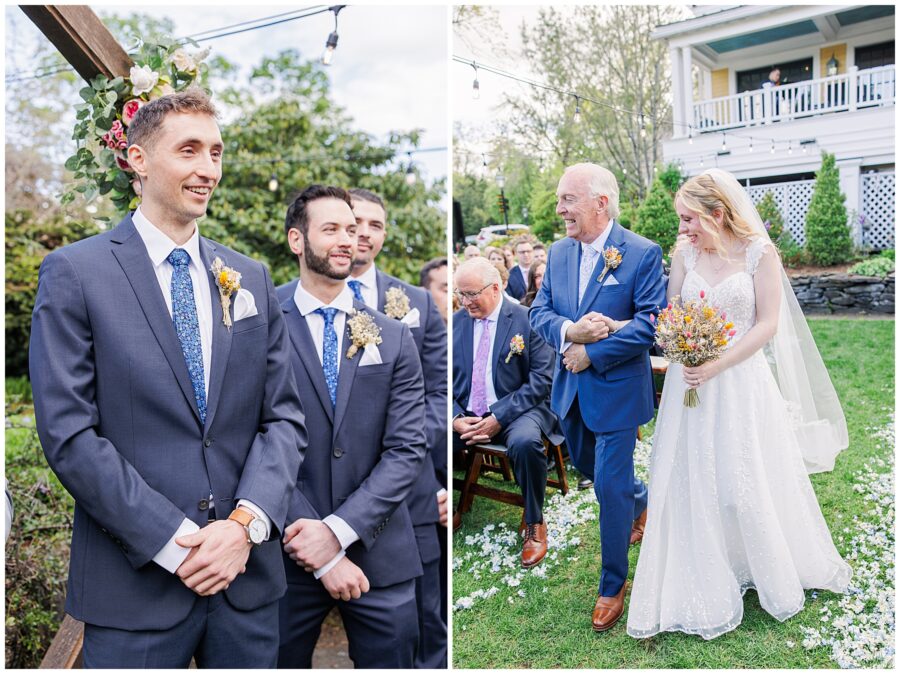 Groom smiling as the bride walks down the aisle with her father during a Bedford Village Inn wedding