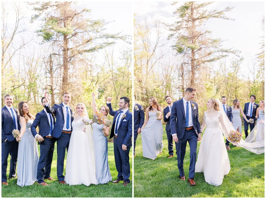 Bride and groom cheering with their wedding party during their NH wedding