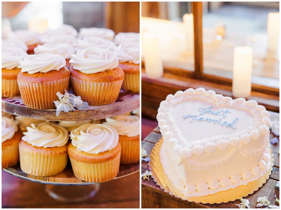 Cupcakes and wedding cake during a New Hampshire wedding 