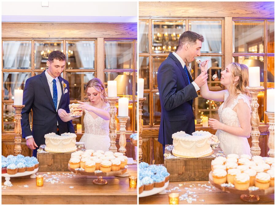 Bride and groom sharing their wedding cake during their New Hampshire wedding