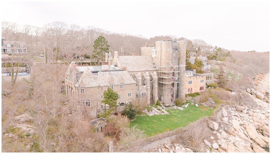 Drone image of Hammond Castle from the sea by Christine Hazel Photography