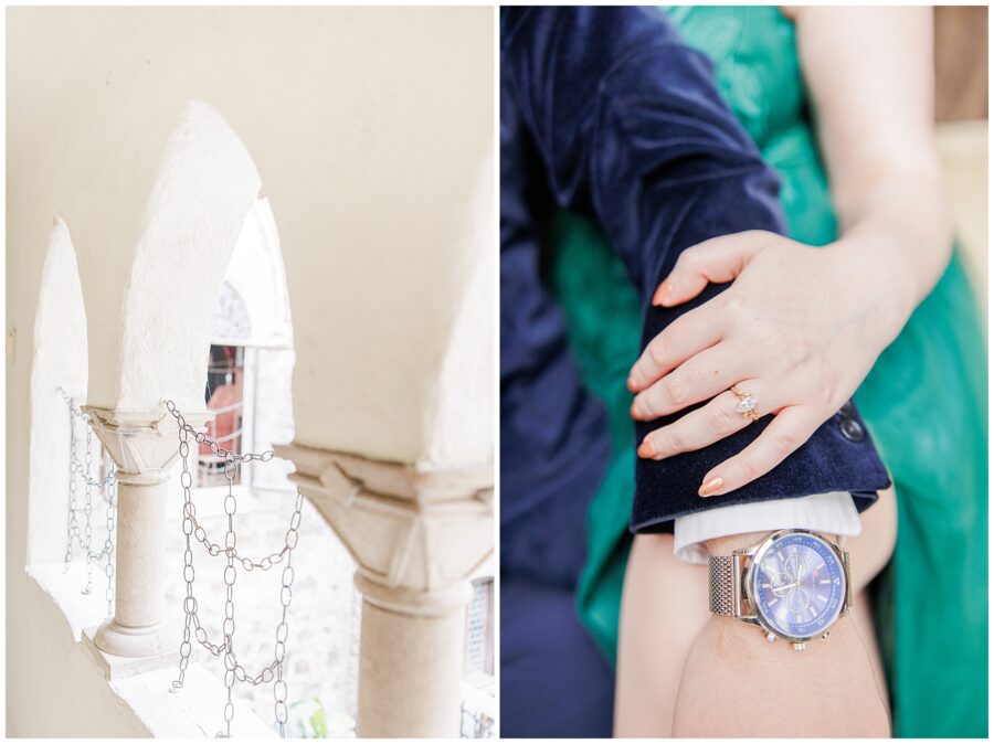 Up close details of an engagement ring and a man's watch during an engagement picture session