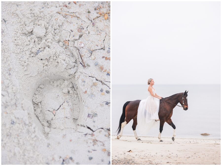 Bride riding her horse by the ocean at Old Silver Beach in Falmouth, MA Cape Cod