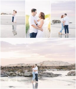 A collage of couple photos at a Gloucester beach, including standing, hugging, and walking barefoot in the sand and water.