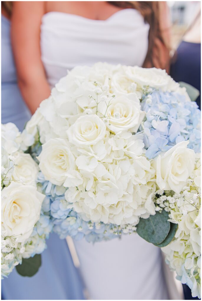 Close-up of a bridal bouquet featuring white roses, white hydrangeas, and light blue flowers.