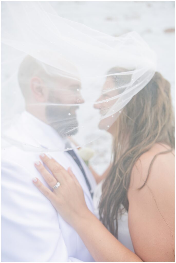 The bride and groom facing each other under the bride’s veil, with a soft focus on their faces.