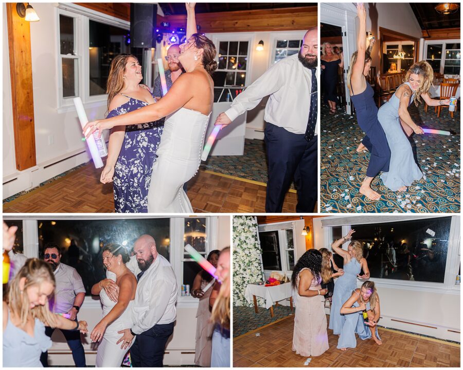 Collage of wedding guests dancing at a reception, holding light-up sticks and having fun.