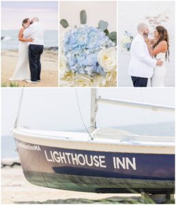 Collage featuring the bride and groom kissing on the beach, a bouquet of blue and white flowers, and a sailboat with “Lighthouse Inn” written on it.