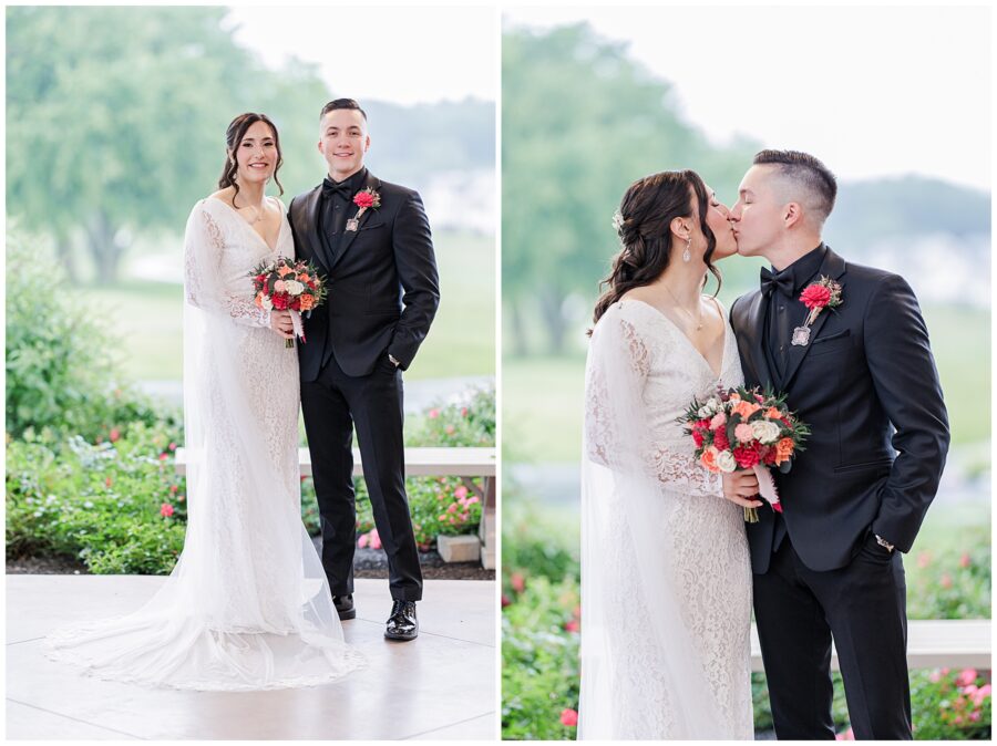 Bride in a lace gown and groom in a black tuxedo at Cape Club of Sharon