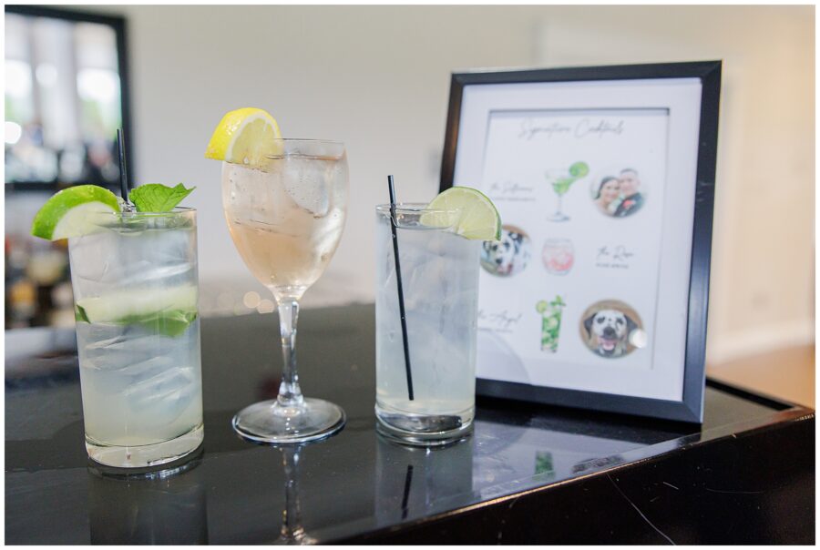 Three cocktails with a sign of their names.