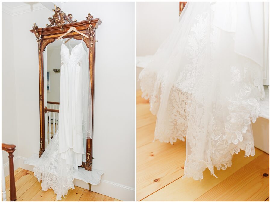 Wedding dress hanging on an ornate mirror.