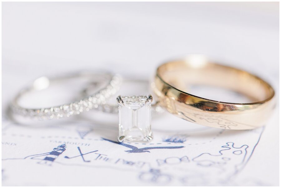 Close-up of wedding rings on a Cape Cod map.