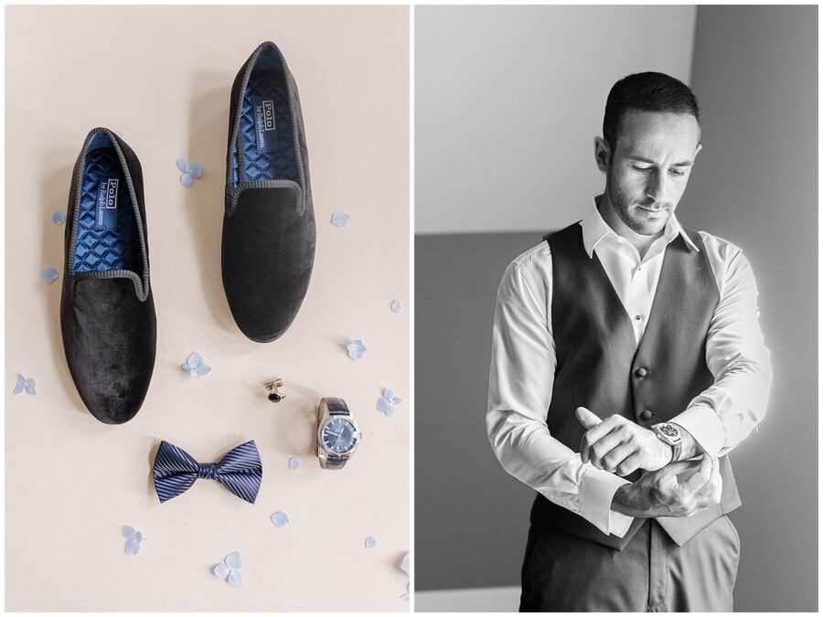 Groom’s shoes, bow tie, and watch; groom adjusting his watch.