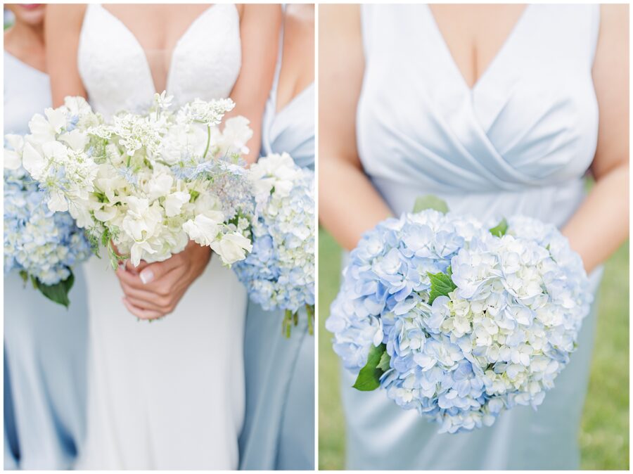 Close-up of bride’s bouquet of white flowers and bridesmaid’s bouquet of blue hydrangeas.