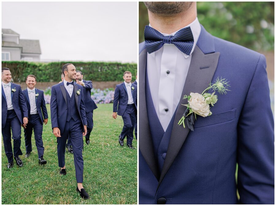 Groom walking with his groomsmen, close-up of boutonnière.