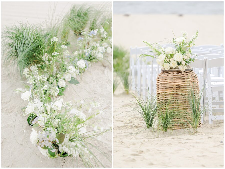 Close-up of flower arrangements at the beach wedding ceremony.