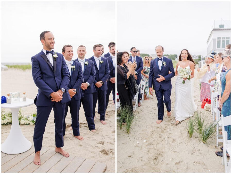 Groom waiting barefoot with groomsmen, bride walking down the aisle with her father.