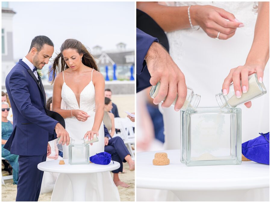 Bride and groom performing sand ceremony on the beach at Wychmere Beach Club.