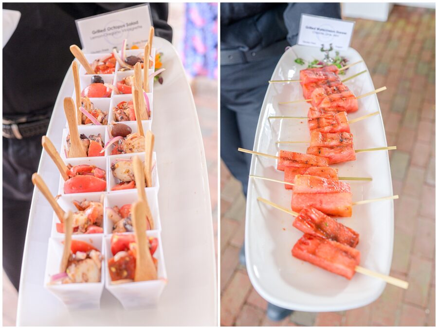 Grilled octopus salad in small cups with wooden forks (left) and grilled watermelon skewers (right) on a tray.