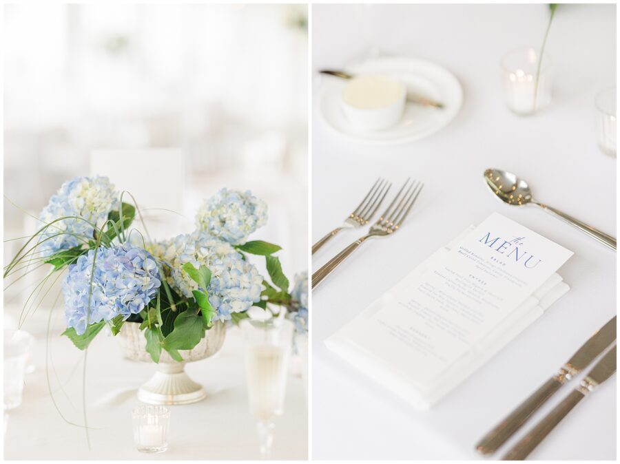 Close-up of a table setting with blue hydrangeas centerpiece and a menu, at a wedding in Wychmere Beach Club, Cape Cod.