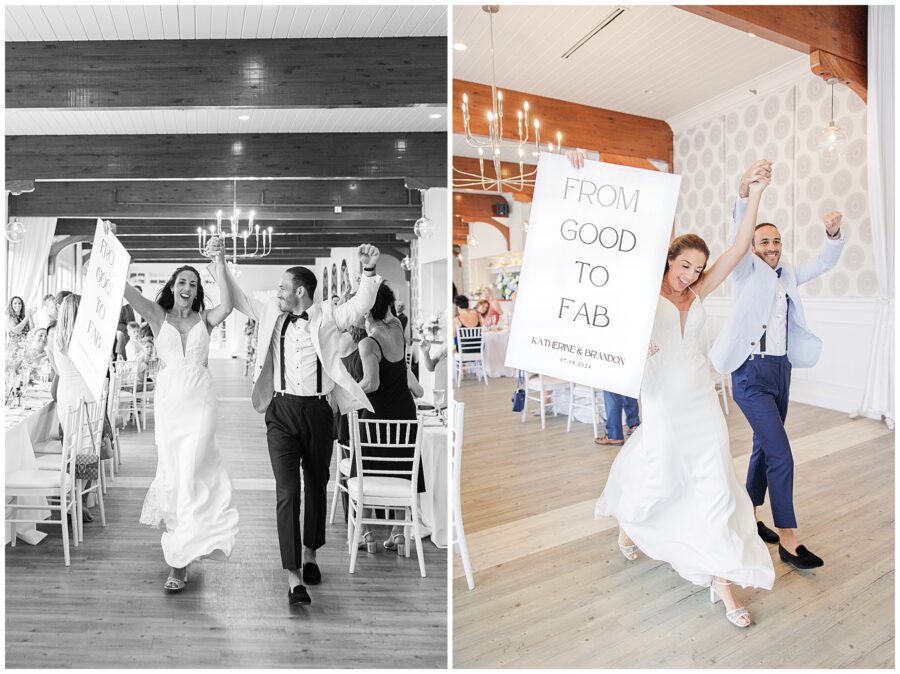 Bride and groom joyfully enter reception, holding "From Good to Fab" sign. Wedding party cheers behind them.