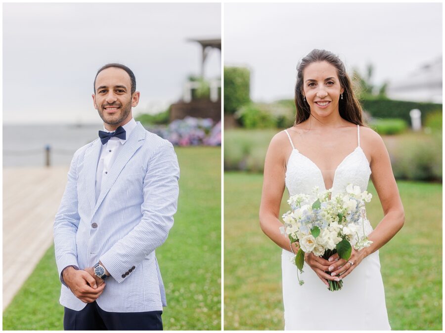 Portrait of bride and groom. Groom in light blue suit, bride in white lace dress. Wedding attire on beach.