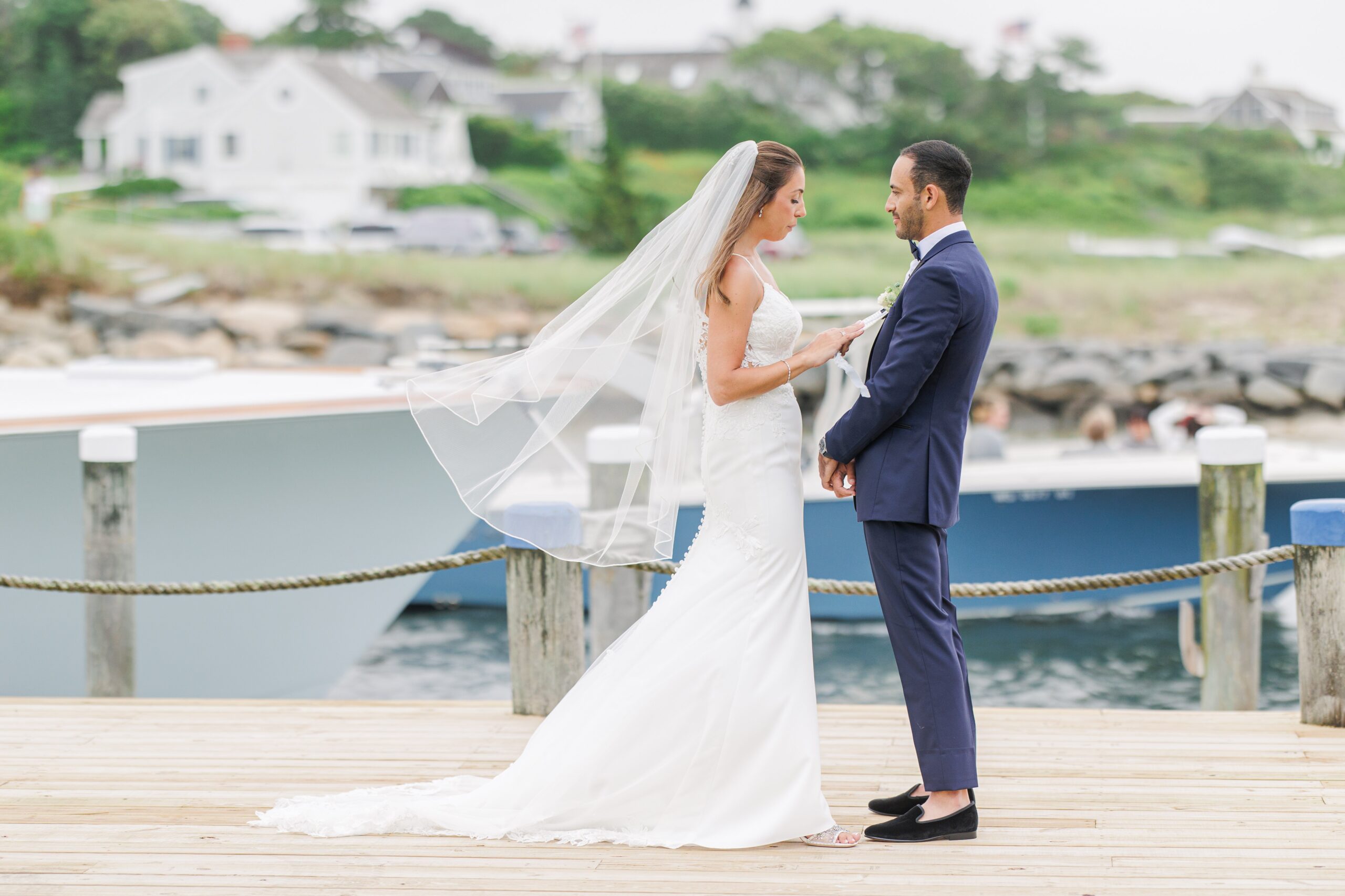 Bride and groom exchanging private vows during their Wychmere Beach Club wedding