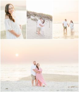 Collage of Cape Cod maternity photos: couple on the beach, walking in the water, and embracing at sunset.