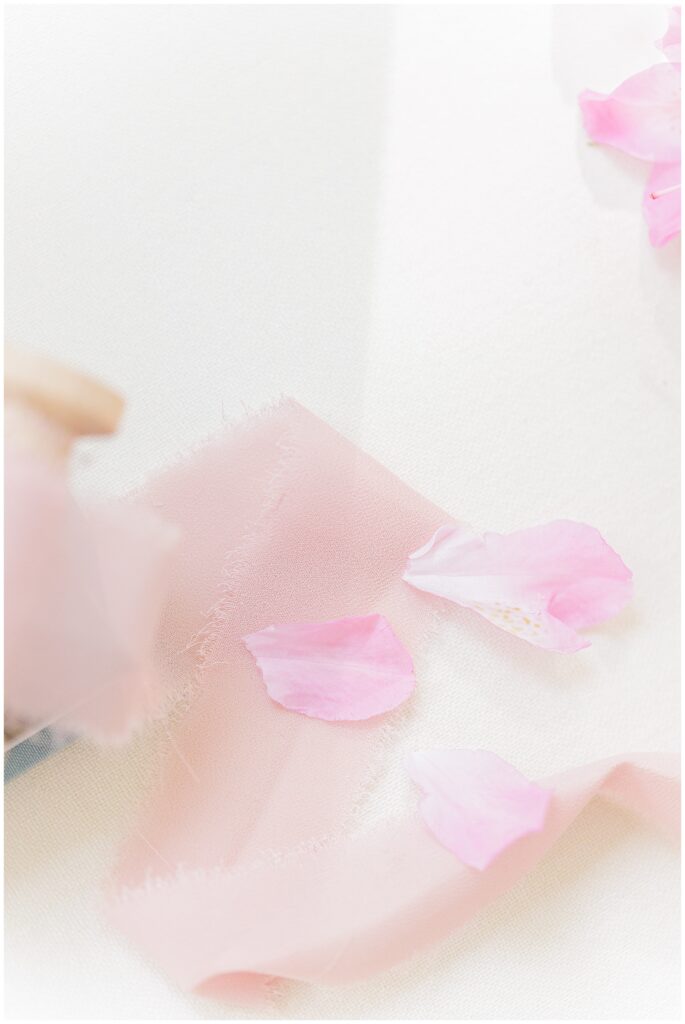 Close-up of pink flower petals and a piece of pink fabric on a white surface.