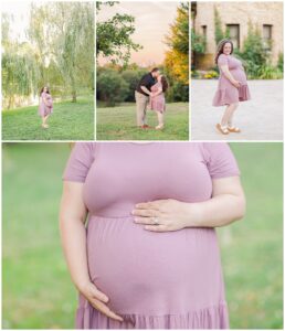 A collage of maternity photos taken by a Boston maternity photographer at Larz Anderson Park. The images showcase the couple in nature, capturing intimate moments under the willow trees and at sunset.