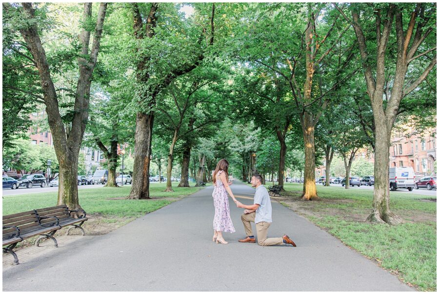 A man kneels on one knee in the middle of a tree-lined path at Commonwealth Avenue Mall in Boston, proposing to a woman wearing a floral lavender dress. The moment is captured in a serene park setting with benches and parked cars visible in the background.