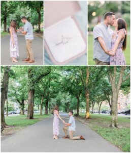 A collage of proposal moments in the Commonwealth Avenue Mall. It includes images of the couple during the proposal, kissing and smiling, and a close-up of the engagement ring in its box. The man is shown kneeling while the woman reacts with surprise, surrounded by trees.