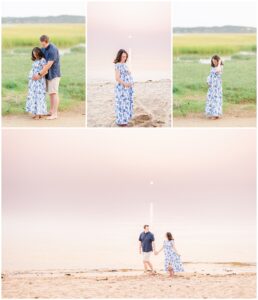 A collage of maternity photos taken at Great Island Trail in Wellfleet, MA, showcasing the couple in different serene poses along the beach and marshlands. These scenic settings highlight the work of a talented Cape Cod maternity photographer.