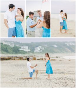 A collage showing highlights of the Cape Cod proposal, including the proposal, friends’ reactions, and the couple embracing.