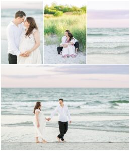 A collage of beach moments: the couple standing face-to-face, sitting on the sand embraced, a close-up of waves, and the couple walking hand-in-hand along the shore.