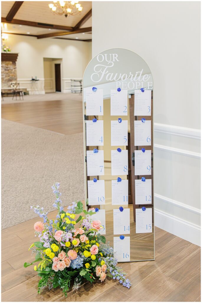 Seating chart display at Pembroke Pines Country Club labeled “Our Favorite People,” adorned with white cards and a floral arrangement of roses and hydrangeas.