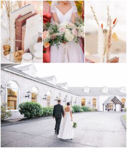 A collage of images from a fall wedding at the Colonial Hotel in Gardner, MA. The top row shows close-up details of the wedding decor, including a vintage book centerpiece with dried florals, the bride holding a large bouquet of white and blush flowers with greenery, and a vase with an arrangement of dried fall accents in warm, earthy tones. The bottom image features the bride and groom walking hand-in-hand along the hotel’s driveway, with the Colonial Hotel’s brick facade and large arched windows visible in the background.