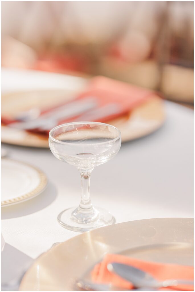 Glassware and table setting detail – A single coupe glass sits on a wedding table next to a gold-rimmed plate, silverware, and a red napkin, showcasing the elegant place settings under natural light.