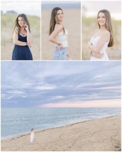 A collage showing the young woman in various outfits—navy blue dress, white top and jeans, and a white dress—capturing different moments of her senior photo session at a private beach in Newburyport, MA, with a panoramic beach scene at the bottom.