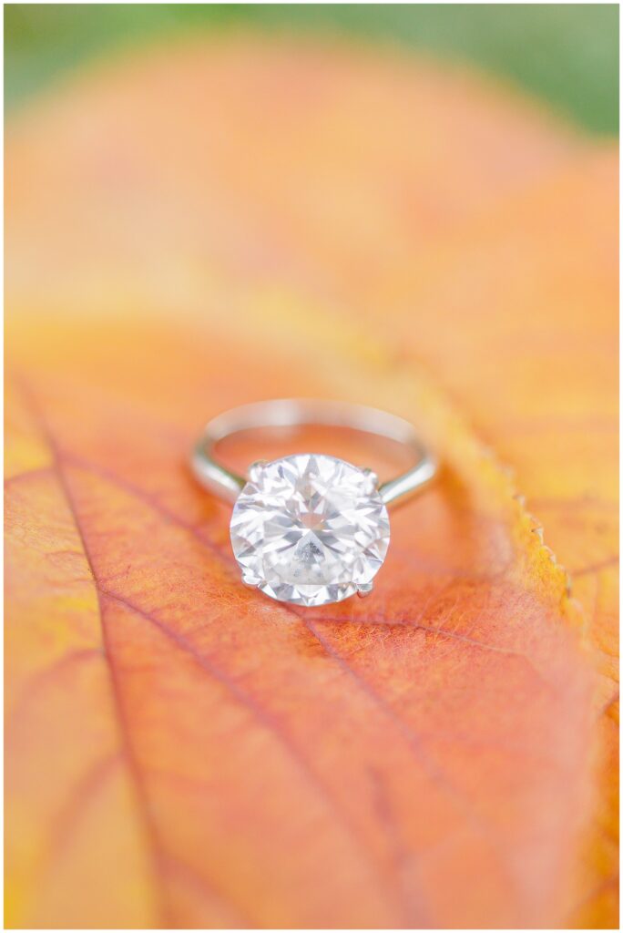 A close-up of a sparkling engagement ring resting on a vibrant orange fall leaf. The intricate details of the ring stand out against the warm tones of autumn.